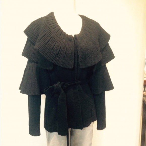 EllieTahari Tiered Collar Black Wool Belt Cardigan - Picture 4 of 4